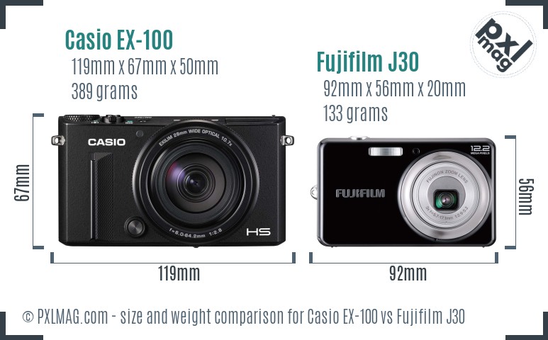 Casio EX-100 vs Fujifilm J30 size comparison