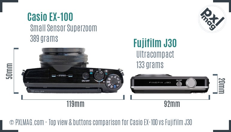 Casio EX-100 vs Fujifilm J30 top view buttons comparison