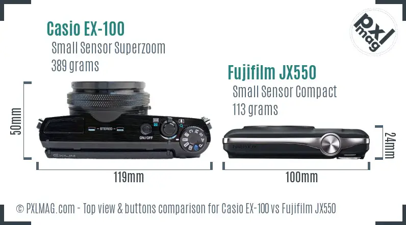 Casio EX-100 vs Fujifilm JX550 top view buttons comparison Casio EX-100 vs Fujifilm JX550 top view buttons comparison