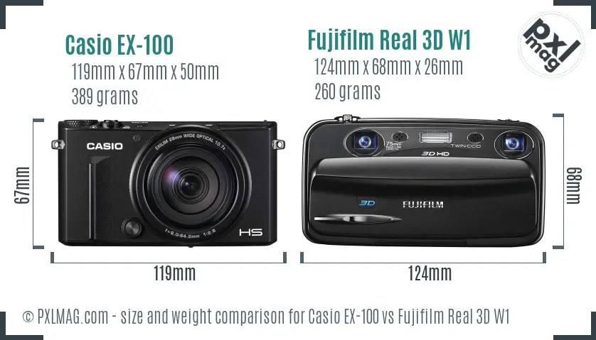 Casio EX-100 vs Fujifilm Real 3D W1 size comparison Casio EX-100 vs Fujifilm Real 3D W1 size comparison
