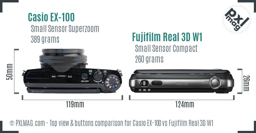 Casio EX-100 vs Fujifilm Real 3D W1 top view buttons comparison Casio EX-100 vs Fujifilm Real 3D W1 top view buttons comparison