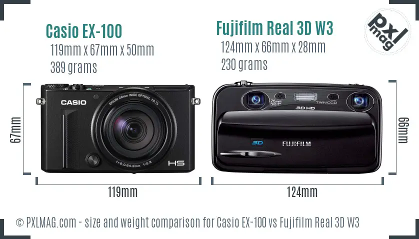 Casio EX-100 vs Fujifilm Real 3D W3 size comparison Casio EX-100 vs Fujifilm Real 3D W3 size comparison