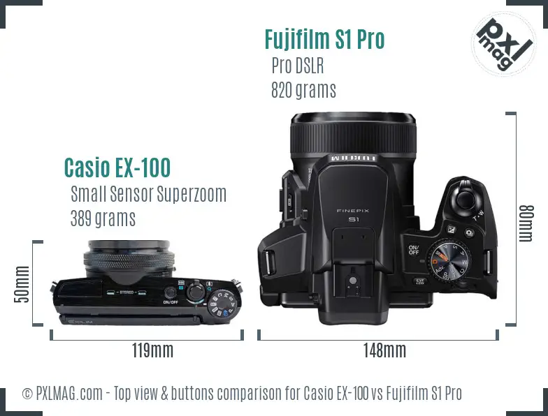 Casio EX-100 vs Fujifilm S1 Pro top view buttons comparison Casio EX-100 vs Fujifilm S1 Pro top view buttons comparison