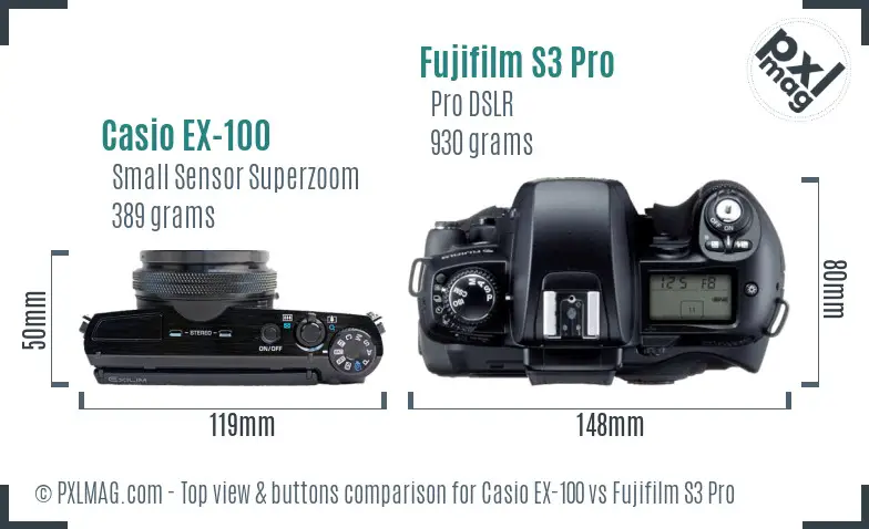 Casio EX-100 vs Fujifilm S3 Pro top view buttons comparison Casio EX-100 vs Fujifilm S3 Pro top view buttons comparison
