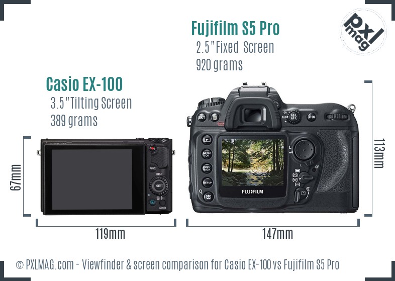 Casio EX-100 vs Fujifilm S5 Pro Screen and Viewfinder comparison