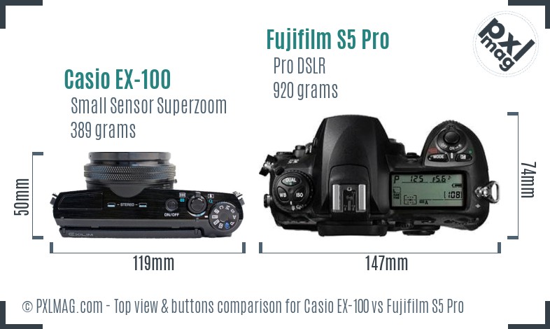 Casio EX-100 vs Fujifilm S5 Pro top view buttons comparison