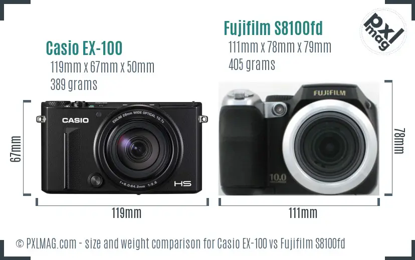 Casio EX-100 vs Fujifilm S8100fd size comparison