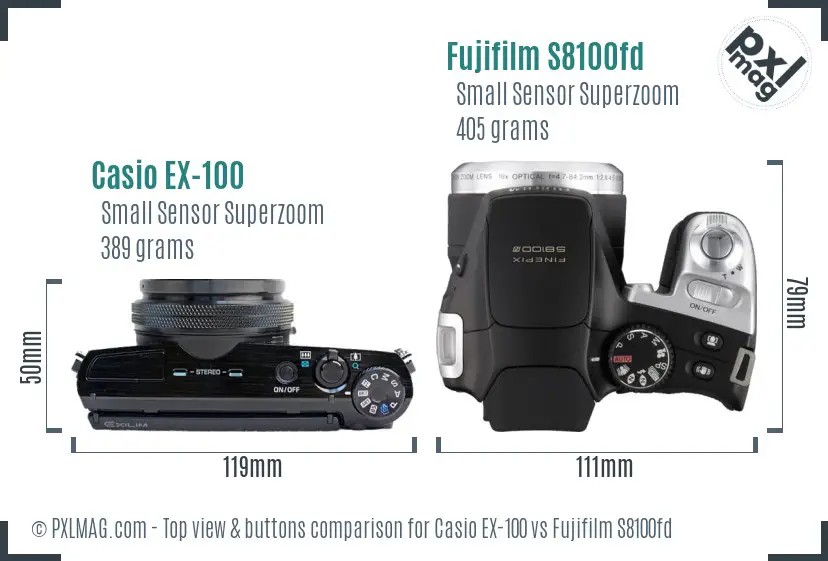Casio EX-100 vs Fujifilm S8100fd top view buttons comparison