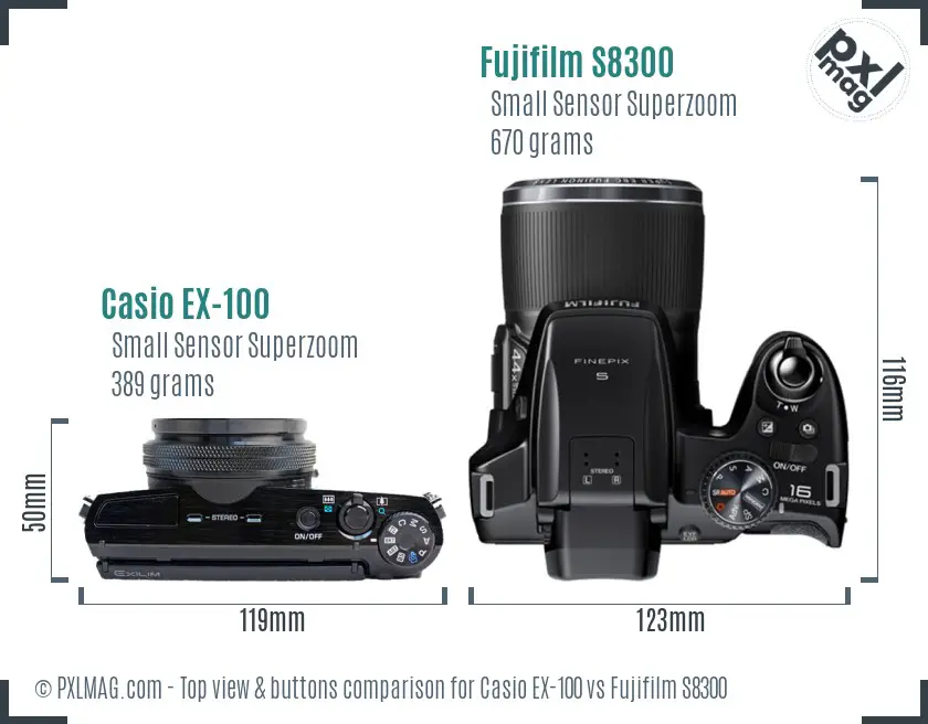 Casio EX-100 vs Fujifilm S8300 top view buttons comparison Casio EX-100 vs Fujifilm S8300 top view buttons comparison