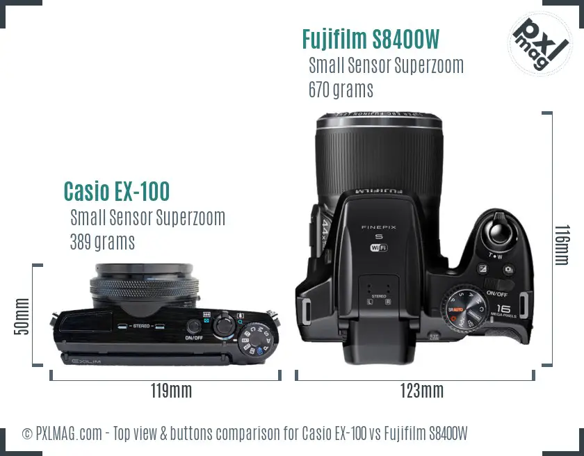 Casio EX-100 vs Fujifilm S8400W top view buttons comparison