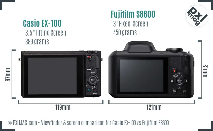 Casio EX-100 vs Fujifilm S8600 Screen and Viewfinder comparison