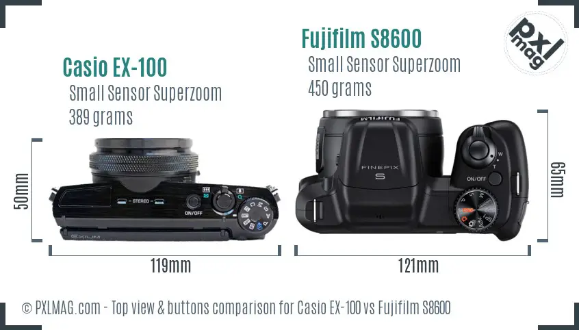 Casio EX-100 vs Fujifilm S8600 top view buttons comparison