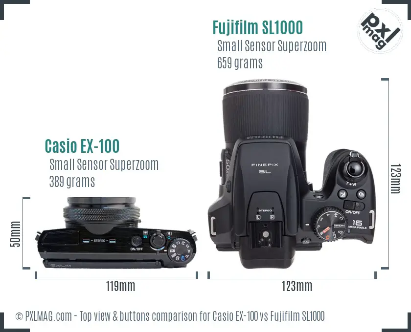 Casio EX-100 vs Fujifilm SL1000 top view buttons comparison