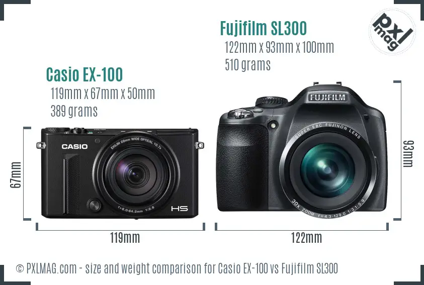 Casio EX-100 vs Fujifilm SL300 size comparison