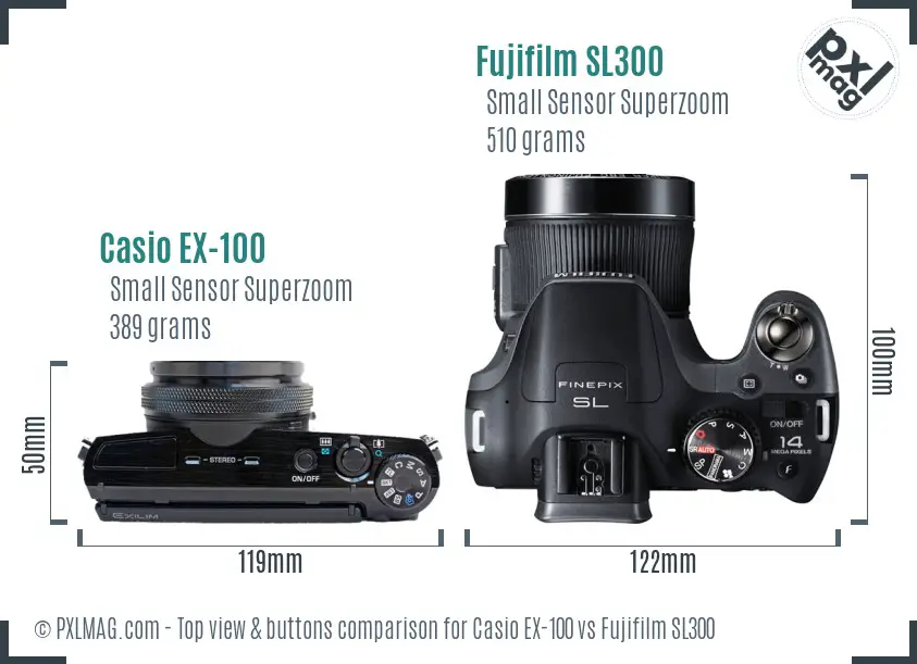 Casio EX-100 vs Fujifilm SL300 top view buttons comparison