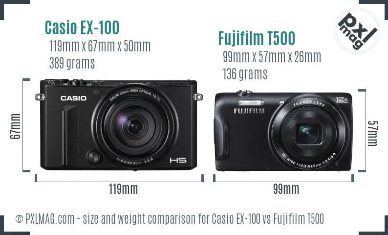 Casio EX-100 vs Fujifilm T500 size comparison