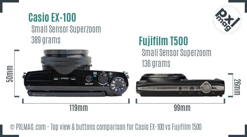 Casio EX-100 vs Fujifilm T500 top view buttons comparison