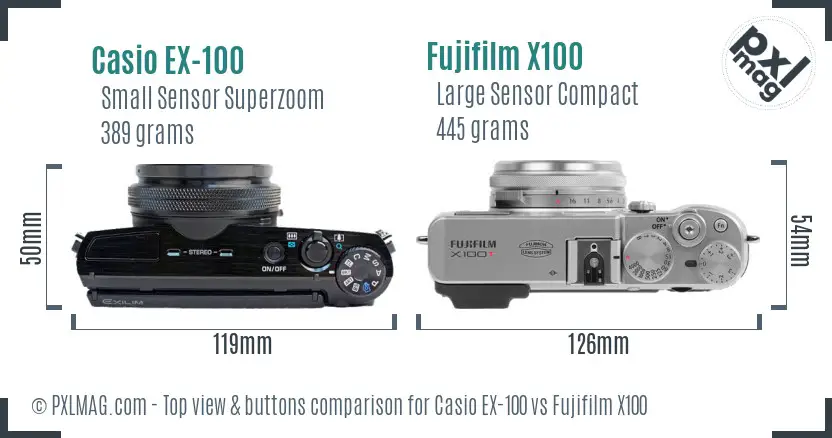 Casio EX-100 vs Fujifilm X100 top view buttons comparison Casio EX-100 vs Fujifilm X100 top view buttons comparison