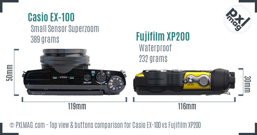 Casio EX-100 vs Fujifilm XP200 top view buttons comparison