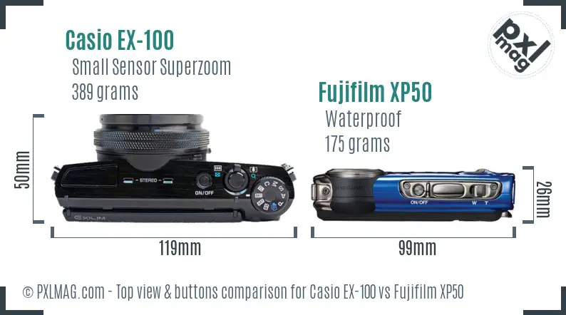 Casio EX-100 vs Fujifilm XP50 top view buttons comparison