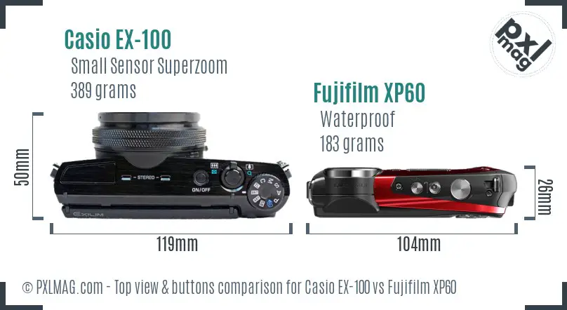 Casio EX-100 vs Fujifilm XP60 top view buttons comparison