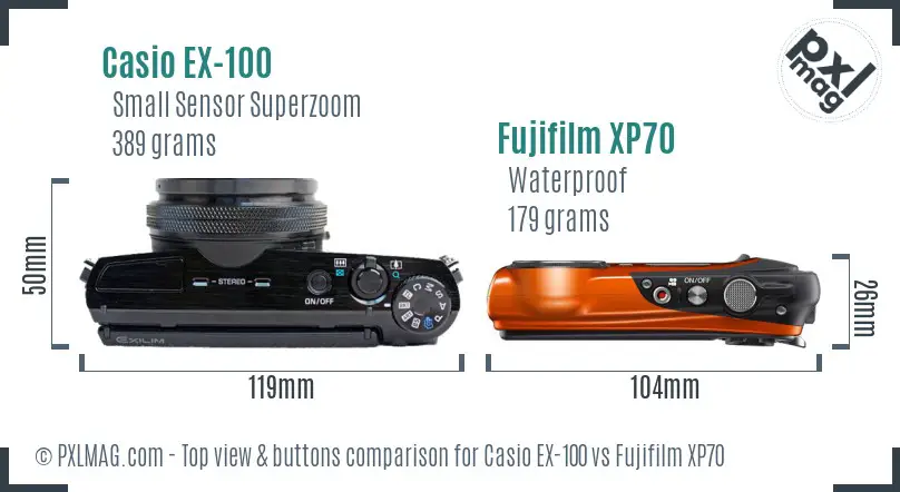 Casio EX-100 vs Fujifilm XP70 top view buttons comparison