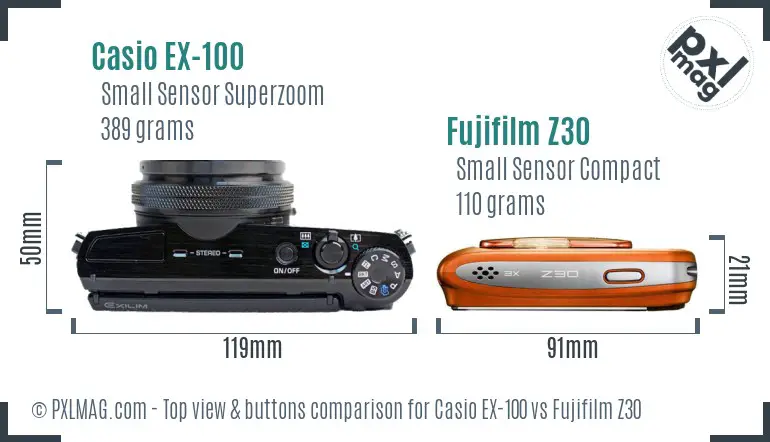 Casio EX-100 vs Fujifilm Z30 top view buttons comparison