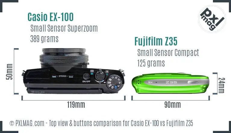 Casio EX-100 vs Fujifilm Z35 top view buttons comparison Casio EX-100 vs Fujifilm Z35 top view buttons comparison