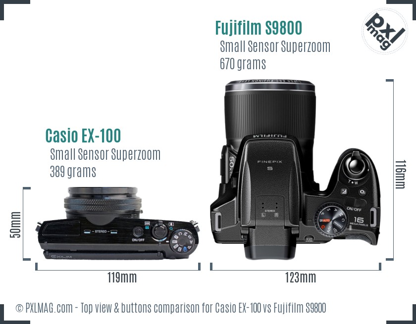 Casio EX-100 vs Fujifilm S9800 top view buttons comparison