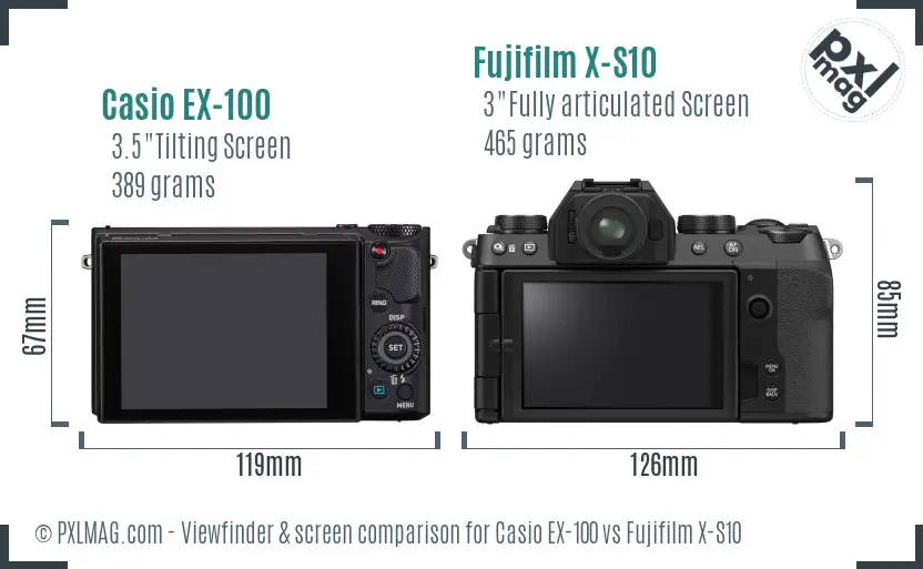 Casio EX-100 vs Fujifilm X-S10 Screen and Viewfinder comparison