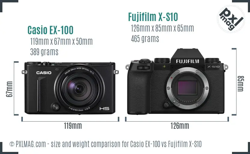 Casio EX-100 vs Fujifilm X-S10 size comparison