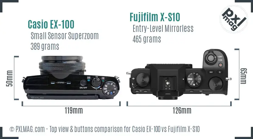 Casio EX-100 vs Fujifilm X-S10 top view buttons comparison