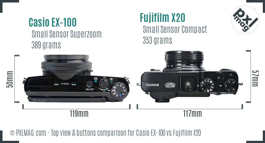 Casio EX-100 vs Fujifilm X20 top view buttons comparison Casio EX-100 vs Fujifilm X20 top view buttons comparison