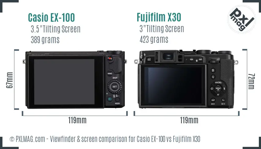 Casio EX-100 vs Fujifilm X30 Screen and Viewfinder comparison