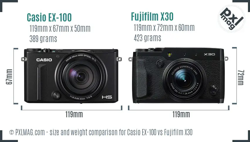 Casio EX-100 vs Fujifilm X30 size comparison