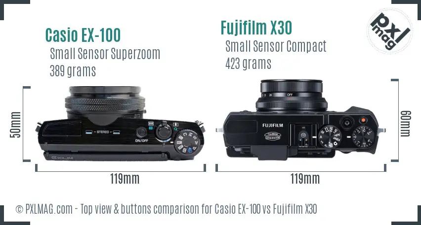 Casio EX-100 vs Fujifilm X30 top view buttons comparison