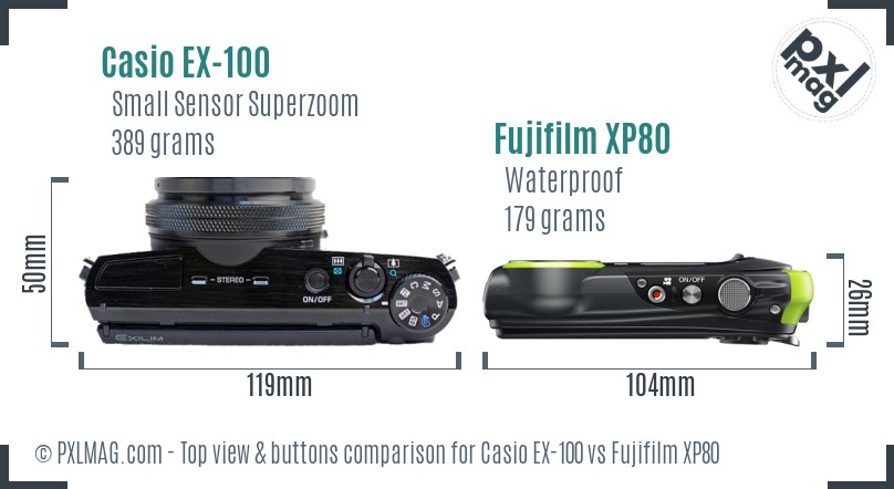 Casio EX-100 vs Fujifilm XP80 top view buttons comparison