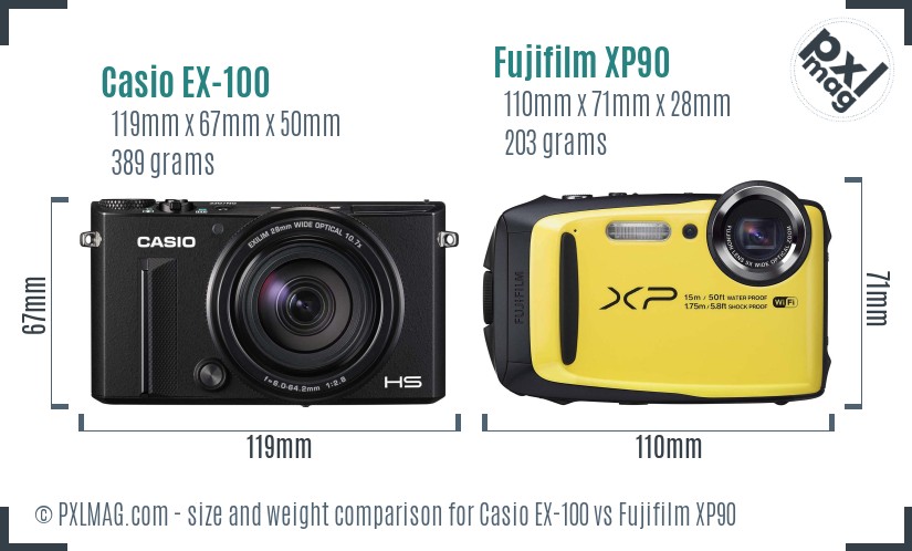 Casio EX-100 vs Fujifilm XP90 size comparison