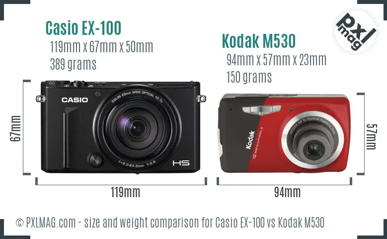 Casio EX-100 vs Kodak M530 size comparison