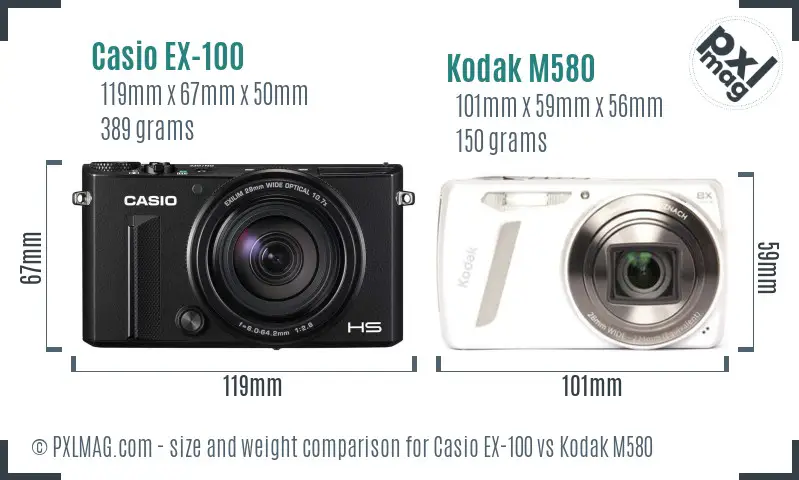 Casio EX-100 vs Kodak M580 size comparison