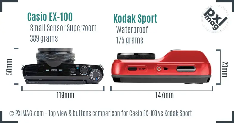 Casio EX-100 vs Kodak Sport top view buttons comparison Casio EX-100 vs Kodak Sport top view buttons comparison