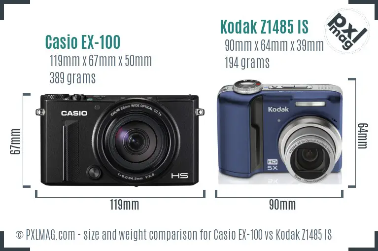 Casio EX-100 vs Kodak Z1485 IS size comparison Casio EX-100 vs Kodak Z1485 IS size comparison