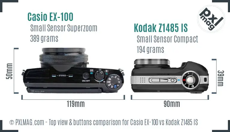 Casio EX-100 vs Kodak Z1485 IS top view buttons comparison Casio EX-100 vs Kodak Z1485 IS top view buttons comparison