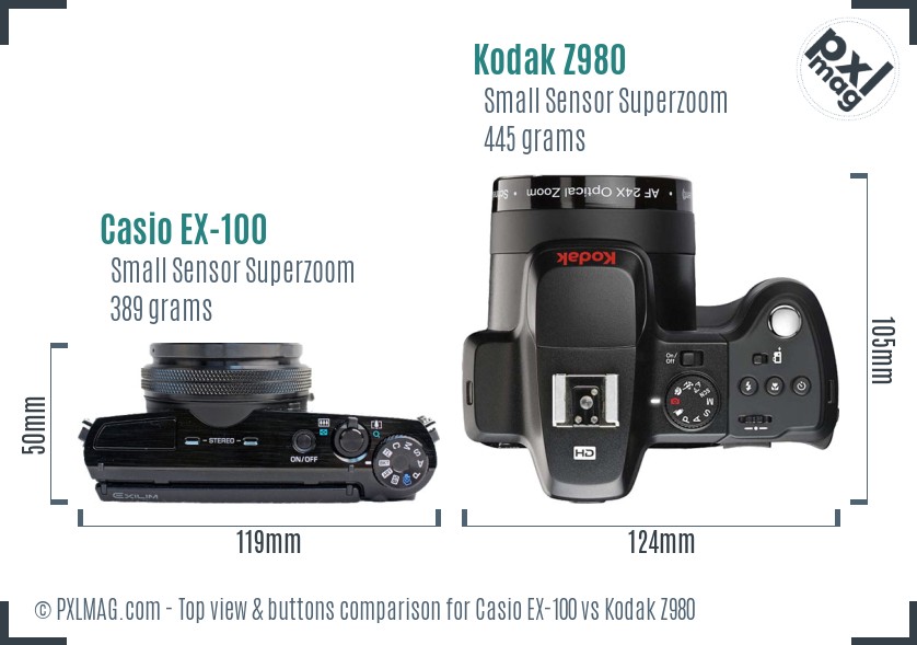 Casio EX-100 vs Kodak Z980 top view buttons comparison