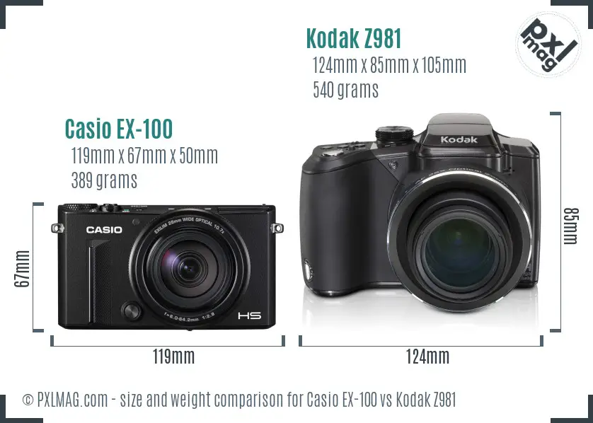 Casio EX-100 vs Kodak Z981 size comparison