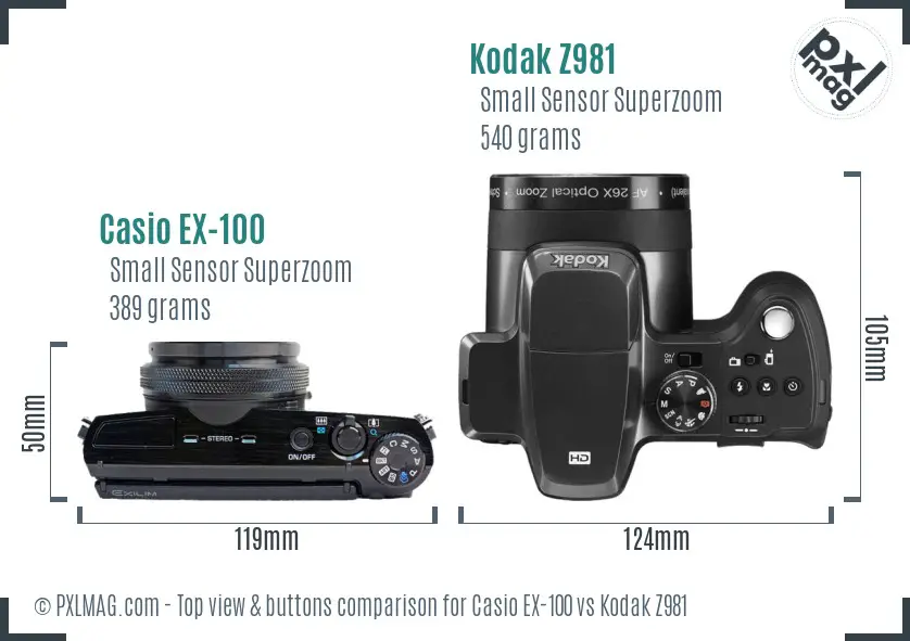 Casio EX-100 vs Kodak Z981 top view buttons comparison