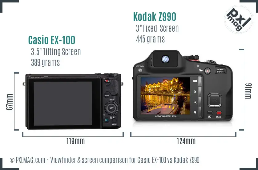 Casio EX-100 vs Kodak Z990 Screen and Viewfinder comparison