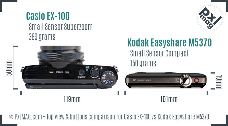 Casio EX-100 vs Kodak Easyshare M5370 top view buttons comparison