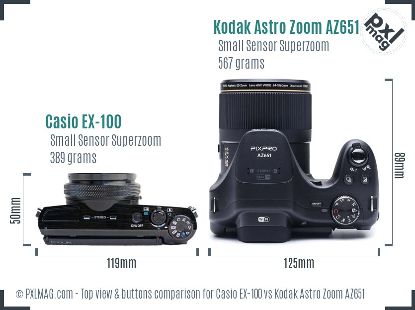 Casio EX-100 vs Kodak Astro Zoom AZ651 top view buttons comparison