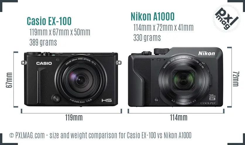 Casio EX-100 vs Nikon A1000 size comparison
